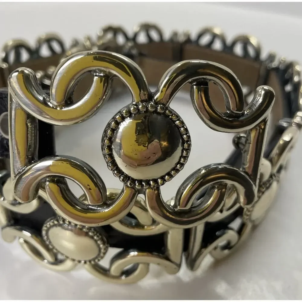 Vintage Accente’ Silver Tone Link Belt Black Leather 32” Small Western Baroque